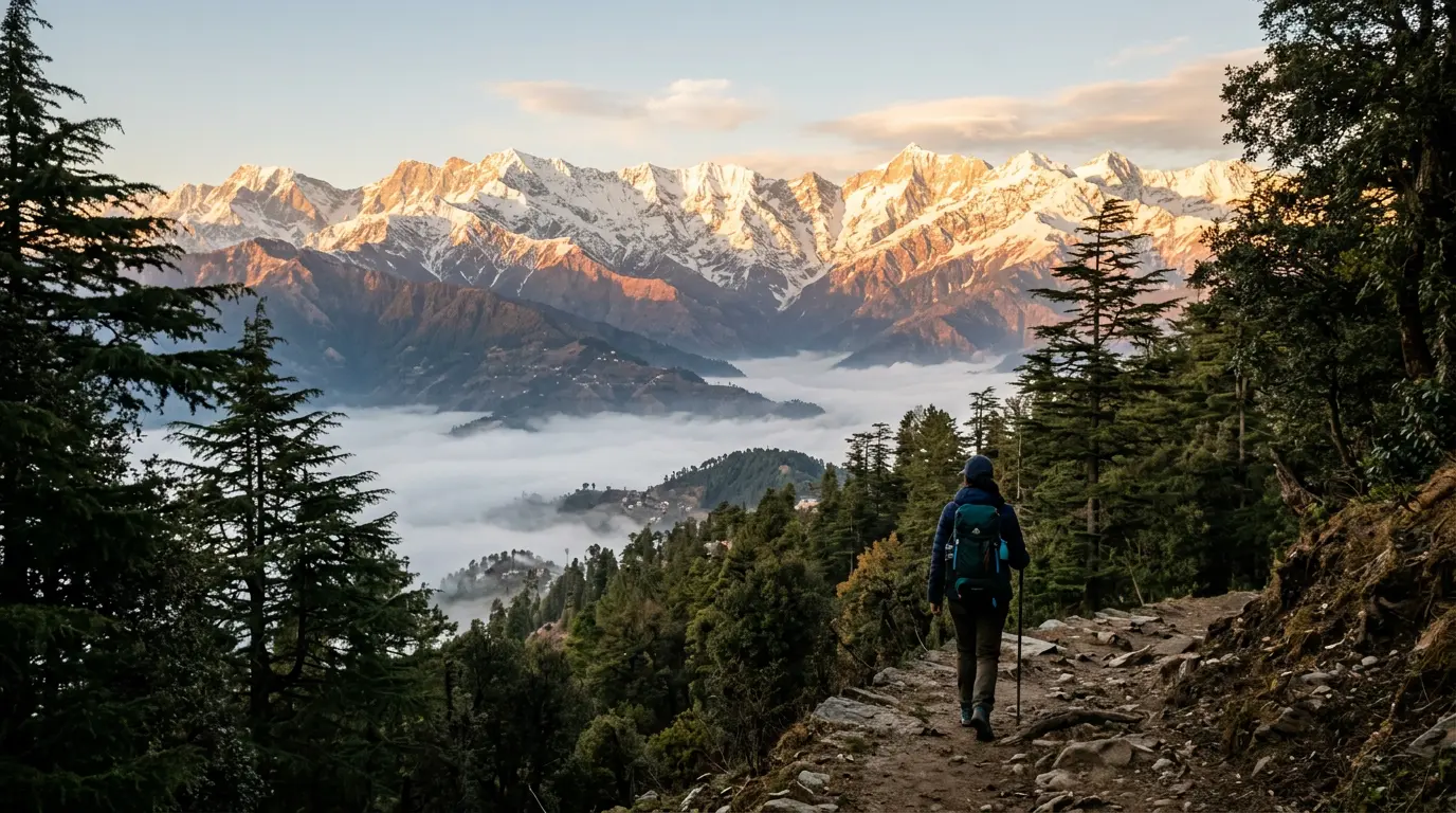 A trekker on a forest trail facing snow-capped Himalayan peaks at sunrise
